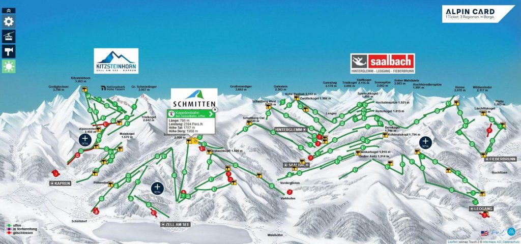 Skikartenübersicht der Region Zell am See, Kaprun und Saalbach mit Pisten und Seilbahnen.
