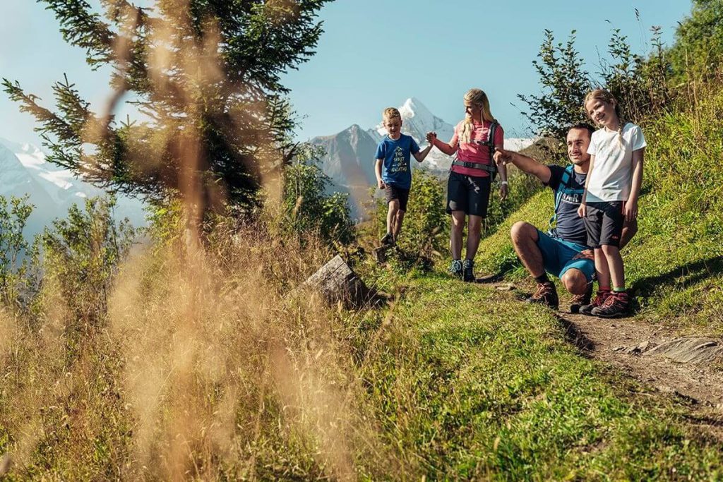 Familie beim Wandern in den Alpen, umgeben von Bergen und blühender Natur.